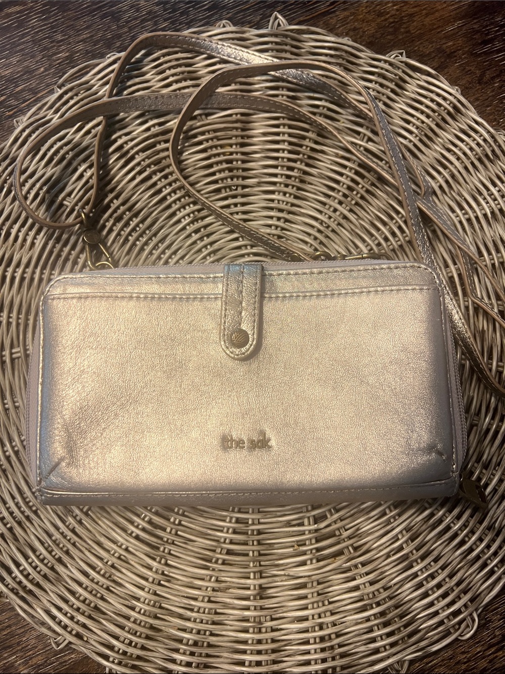 The Sak Metallic Pewter Champagne Wallet Purse Clutch GUC